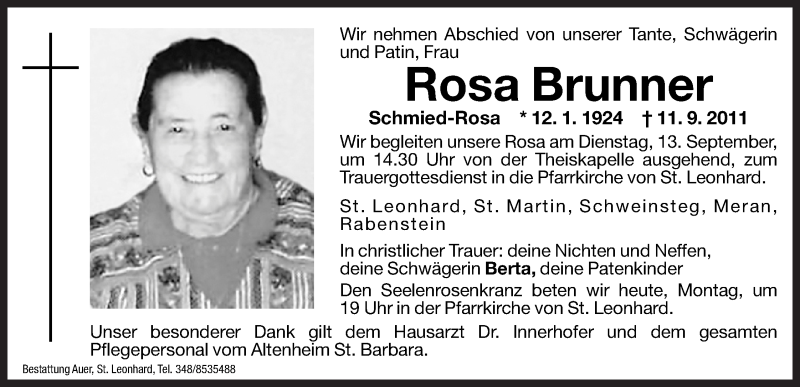  Traueranzeige für Rosa Brunner vom 12.09.2011 aus Dolomiten