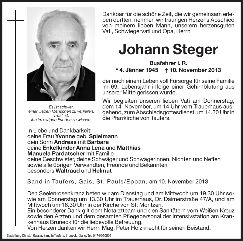  Traueranzeige für Johann Steger vom 12.11.2013 aus Dolomiten