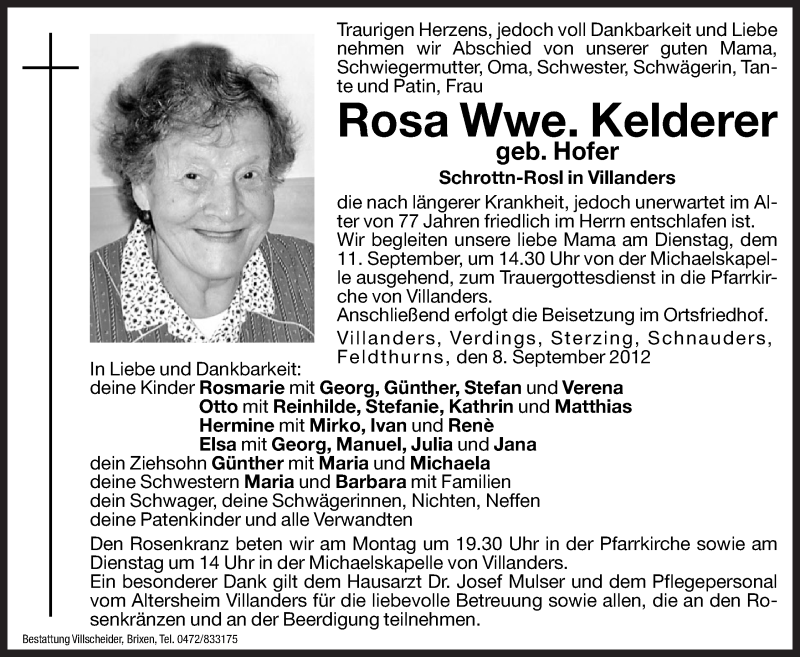  Traueranzeige für Rosa Kelderer vom 10.09.2012 aus Dolomiten