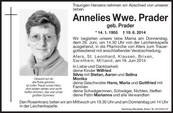 Traueranzeige von Annelies Prader von Dolomiten