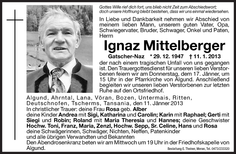  Traueranzeige für Ignaz Mittelberger vom 15.01.2013 aus Dolomiten