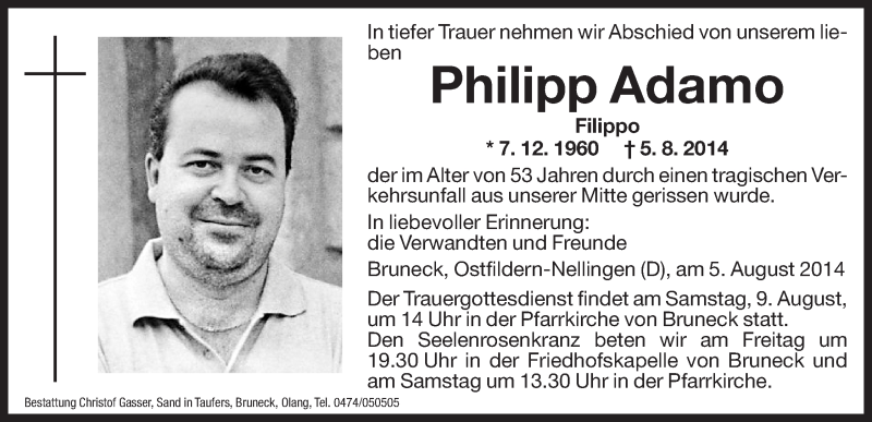  Traueranzeige für Philipp Adamo vom 08.08.2014 aus Dolomiten