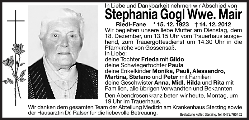  Traueranzeige für Stephania Mair vom 17.12.2012 aus Dolomiten