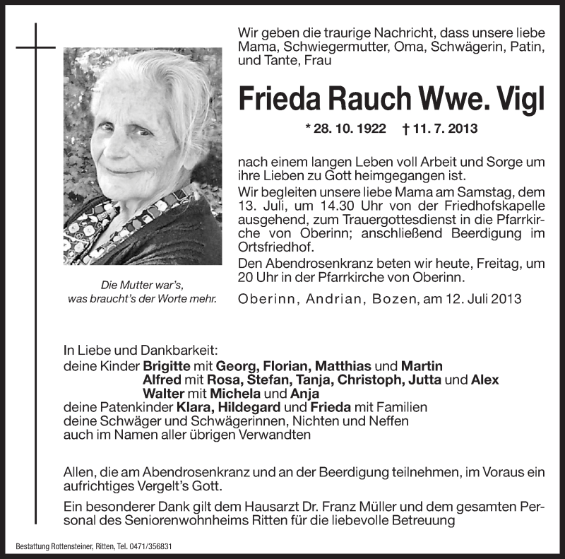  Traueranzeige für Frieda Vigl vom 12.07.2013 aus Dolomiten