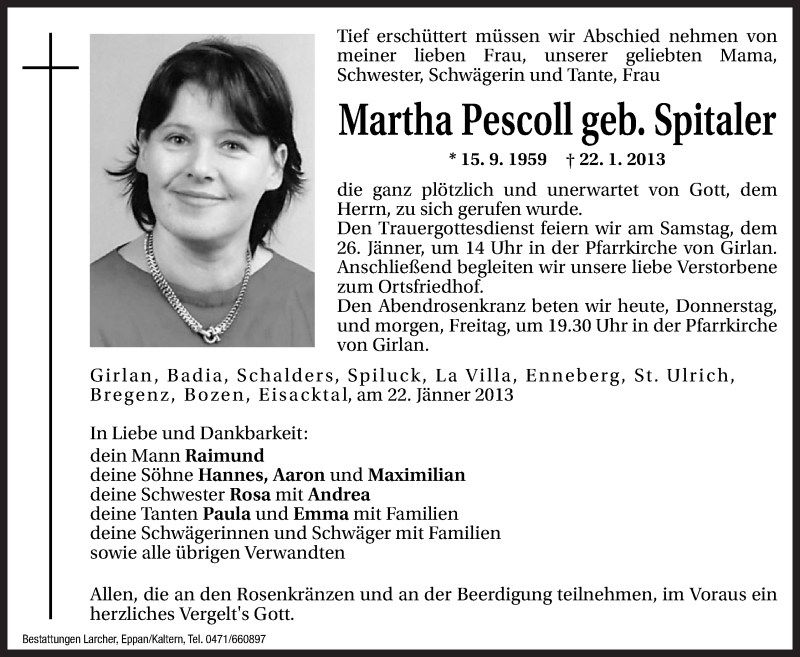  Traueranzeige für Martha Pescoll vom 24.01.2013 aus Dolomiten