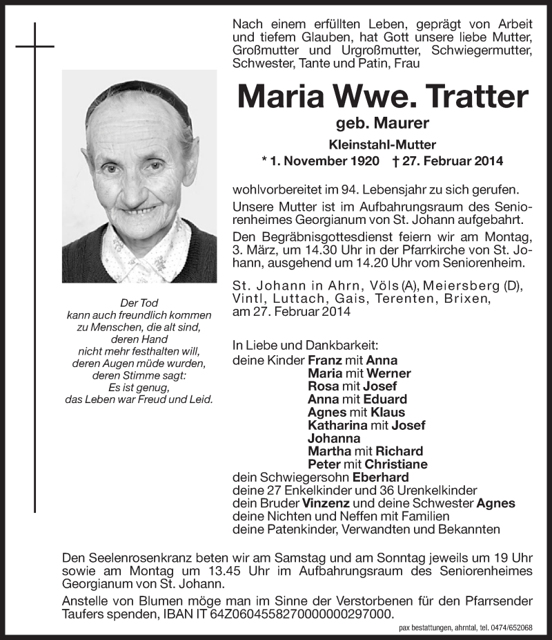  Traueranzeige für Maria Tratter vom 01.03.2014 aus Dolomiten