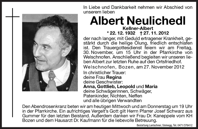  Traueranzeige für Albert Neulichedl vom 28.11.2012 aus Dolomiten