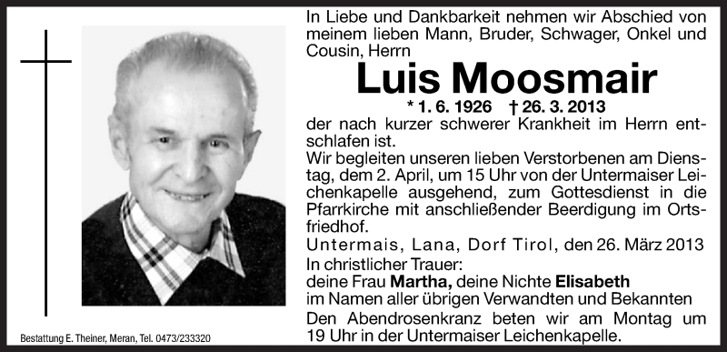  Traueranzeige für Luis Moosmair vom 29.03.2013 aus Dolomiten