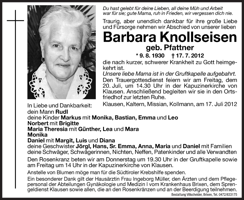  Traueranzeige für Barbara Knollseisen vom 19.07.2012 aus Dolomiten