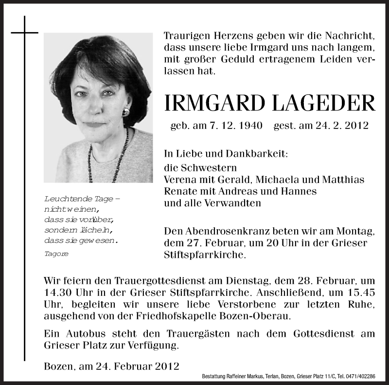  Traueranzeige für Irmgard Lageder vom 25.02.2012 aus Dolomiten