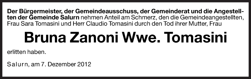  Traueranzeige für Bruna Tomasini vom 07.12.2012 aus Dolomiten