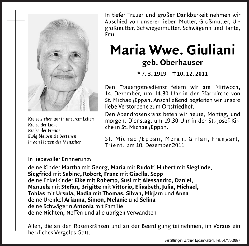  Traueranzeige für Maria Giuliani vom 12.12.2011 aus Dolomiten