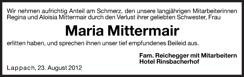  Traueranzeige für Maria Mittermair vom 24.08.2012 aus Dolomiten