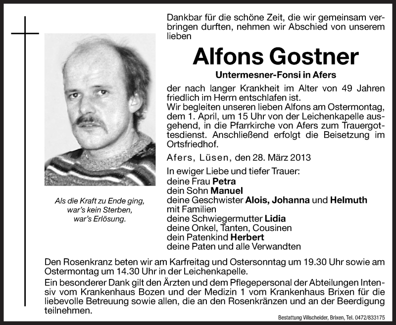  Traueranzeige für Alfons Gostner vom 29.03.2013 aus Dolomiten