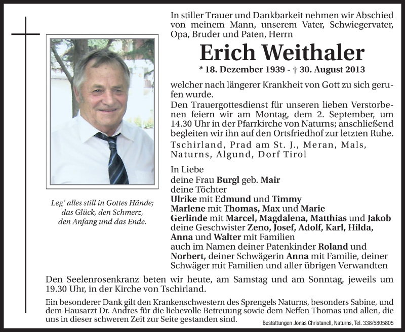  Traueranzeige für Erich Weithaler vom 31.08.2013 aus Dolomiten