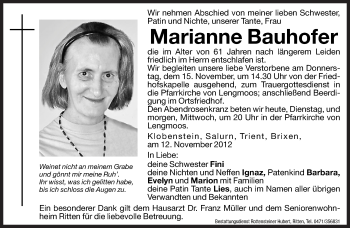 Traueranzeige von Marianne Bauhofer von Dolomiten