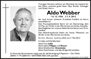 Traueranzeige von Aldo Webber von Dolomiten