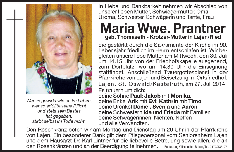  Traueranzeige für Maria Prantner vom 28.07.2014 aus Dolomiten