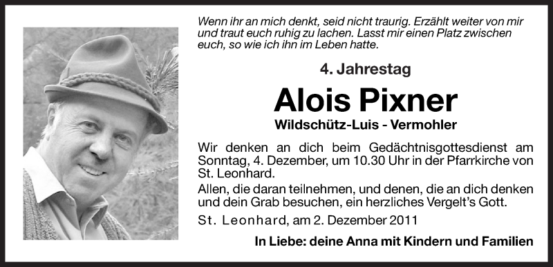  Traueranzeige für Alois Pixner vom 02.12.2011 aus Dolomiten