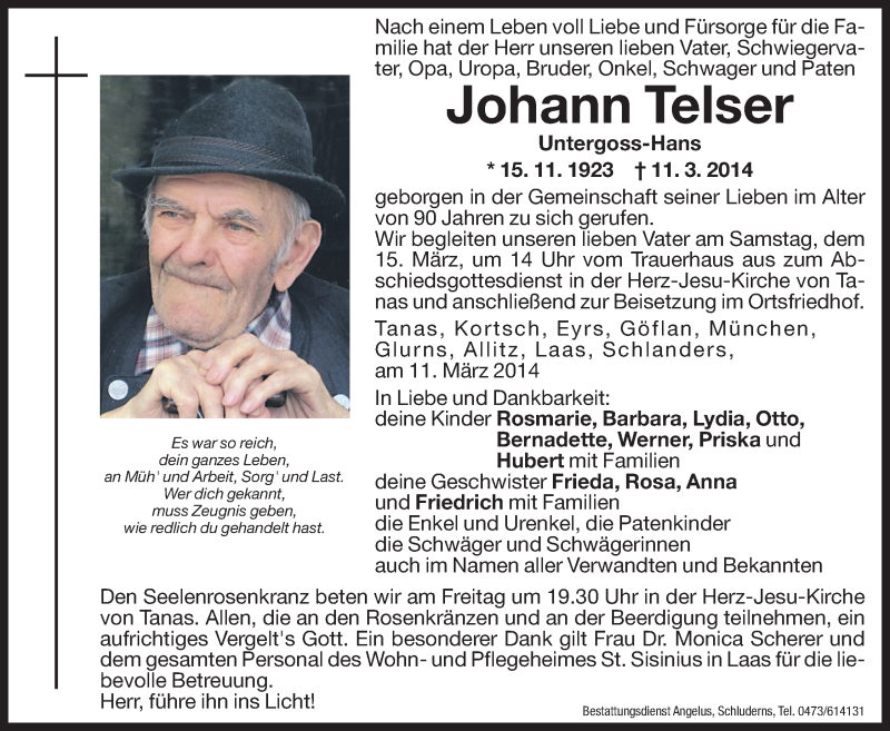  Traueranzeige für Johann Telser vom 14.03.2014 aus Dolomiten