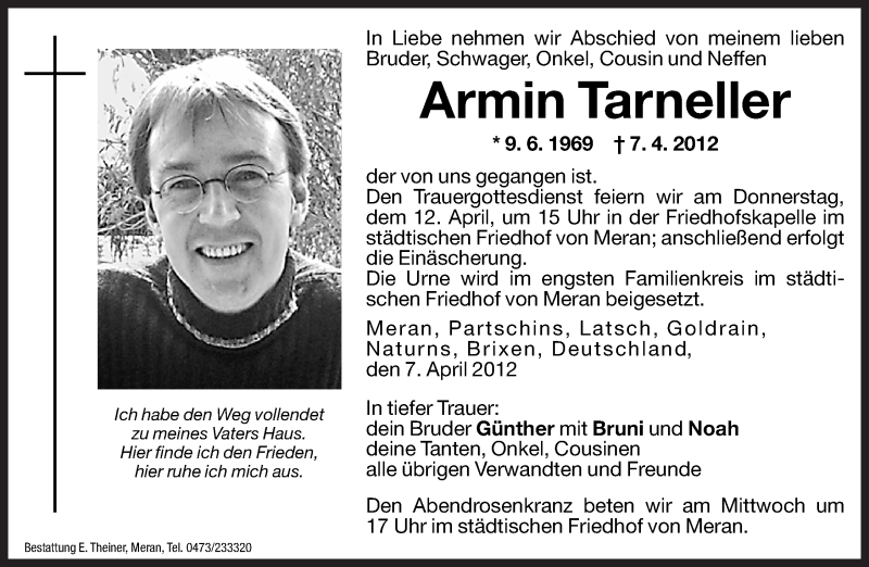  Traueranzeige für Armin Tarneller vom 11.04.2012 aus Dolomiten