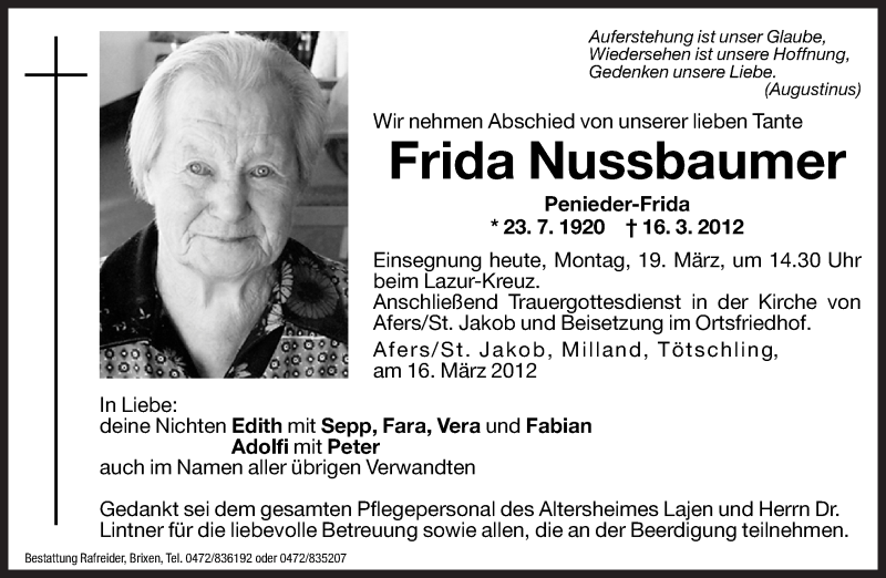  Traueranzeige für Frida Nussbaumer vom 19.03.2012 aus Dolomiten