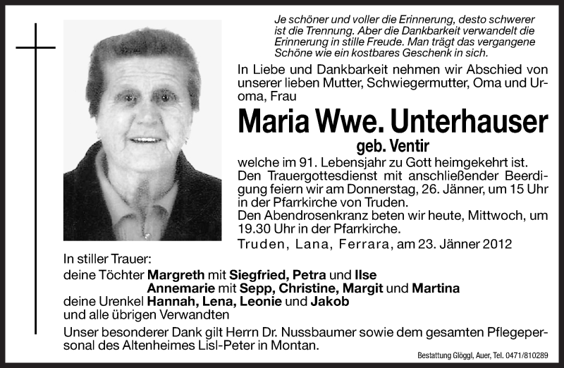  Traueranzeige für Maria Unterhauser vom 25.01.2012 aus Dolomiten