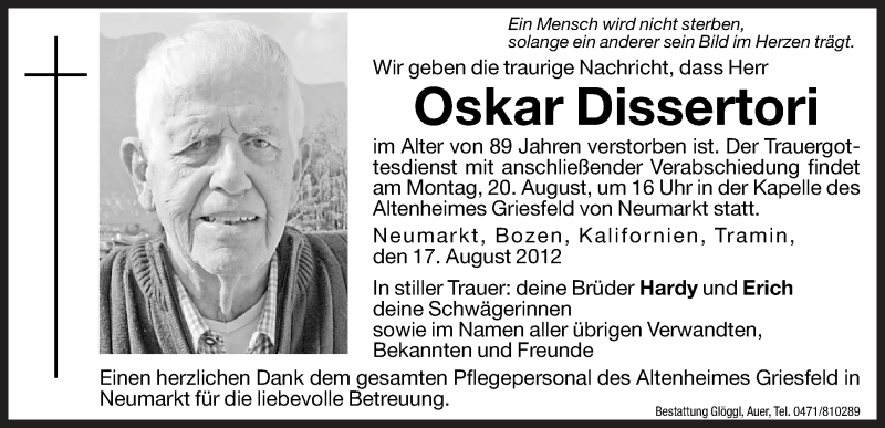  Traueranzeige für Oskar Dissertori vom 18.08.2012 aus Dolomiten