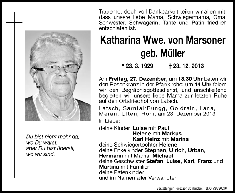  Traueranzeige für Katharina von Marsoner vom 27.12.2013 aus Dolomiten