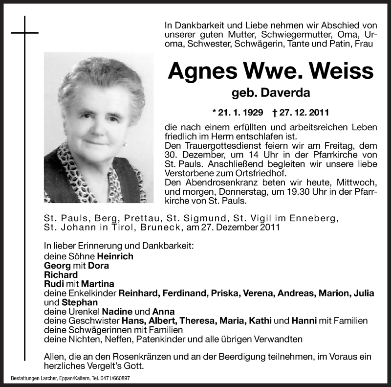  Traueranzeige für Agnes Weiss vom 28.12.2011 aus Dolomiten