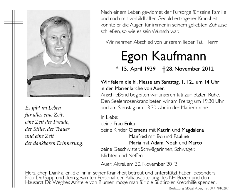  Traueranzeige für Egon Kaufmann vom 30.11.2012 aus Dolomiten