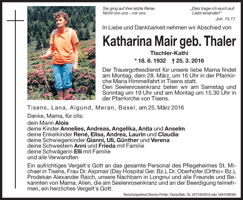  Traueranzeige für Katharina Mair vom 26.03.2016 aus Dolomiten