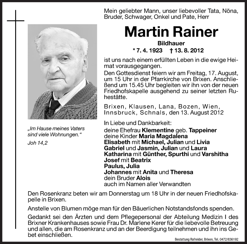  Traueranzeige für Martin Rainer vom 14.08.2012 aus Dolomiten