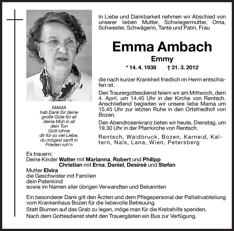  Traueranzeige für Emma Ambach vom 03.04.2012 aus Dolomiten