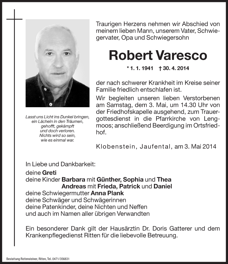  Traueranzeige für Robert Varesco vom 03.05.2014 aus Dolomiten