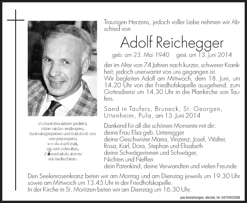  Traueranzeige für Adolf Reichegger vom 16.06.2014 aus Dolomiten