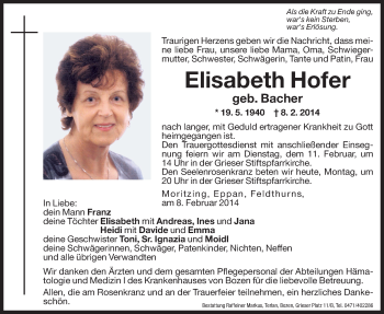 Traueranzeige von Elisabeth Hofer von Dolomiten