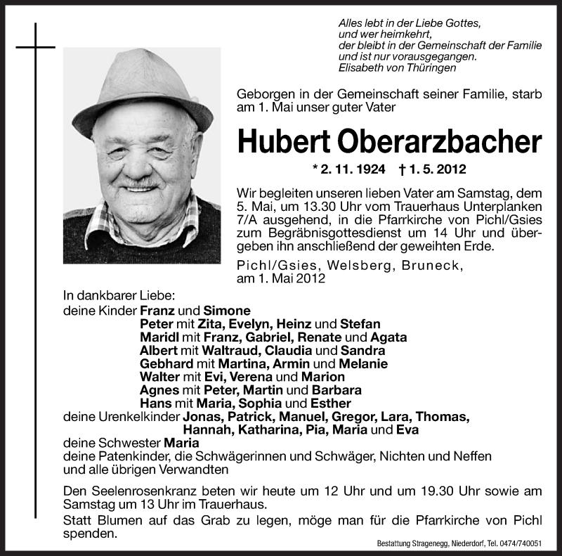  Traueranzeige für Hubert Oberarzbacher vom 04.05.2012 aus Dolomiten