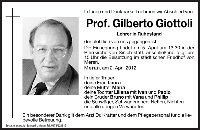  Traueranzeige für Gilberto Giottoli vom 04.04.2012 aus Dolomiten