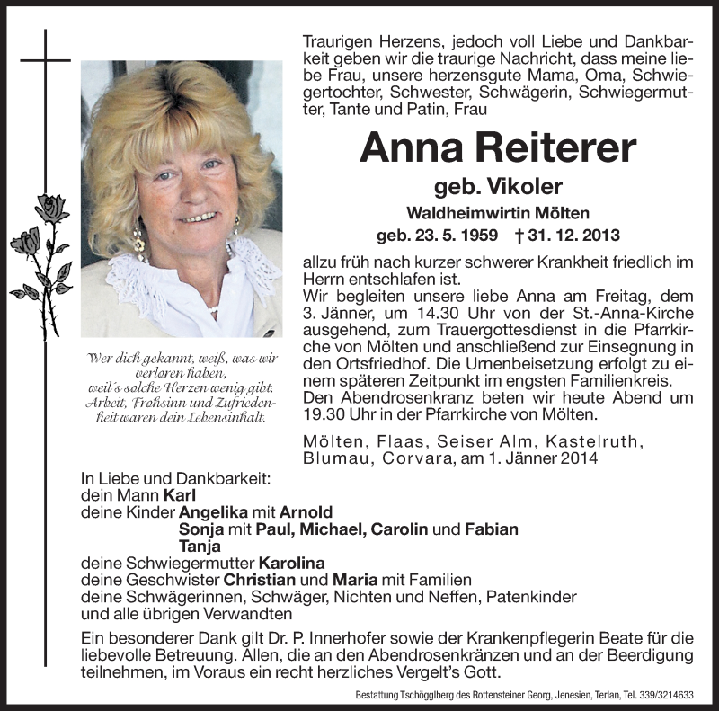  Traueranzeige für Anna Reiterer vom 02.01.2014 aus Dolomiten