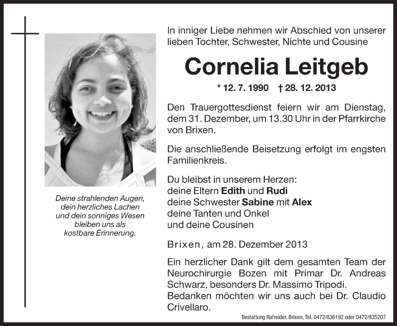  Traueranzeige für Cornelia Leitgeb vom 30.12.2013 aus Dolomiten