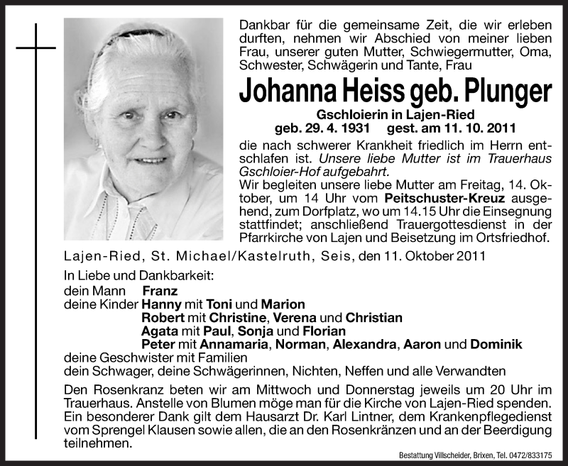  Traueranzeige für Johanna Heiss vom 12.10.2011 aus Dolomiten