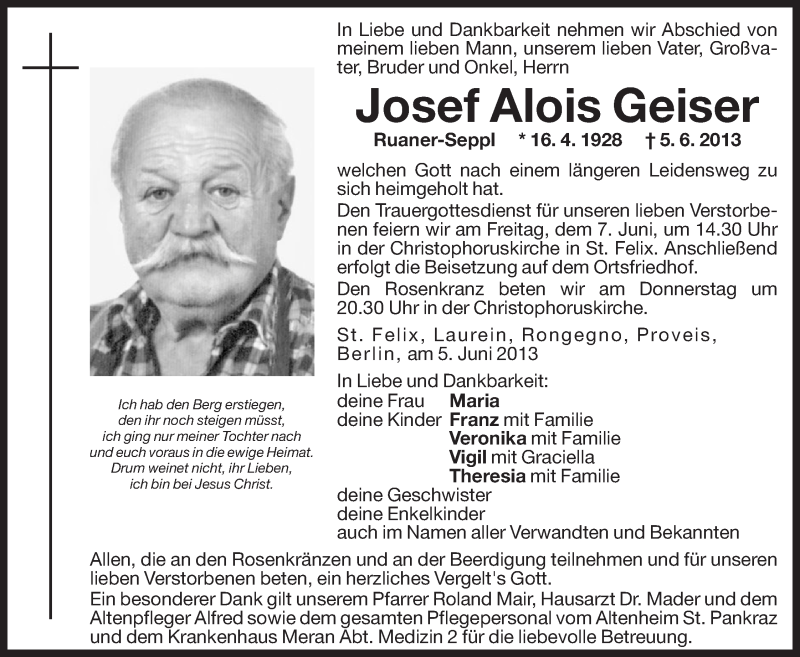  Traueranzeige für Josef Aolis Geiser vom 06.06.2013 aus Dolomiten