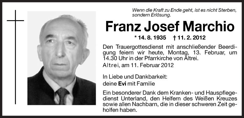  Traueranzeige für Franz Josef Marchio vom 13.02.2012 aus Dolomiten