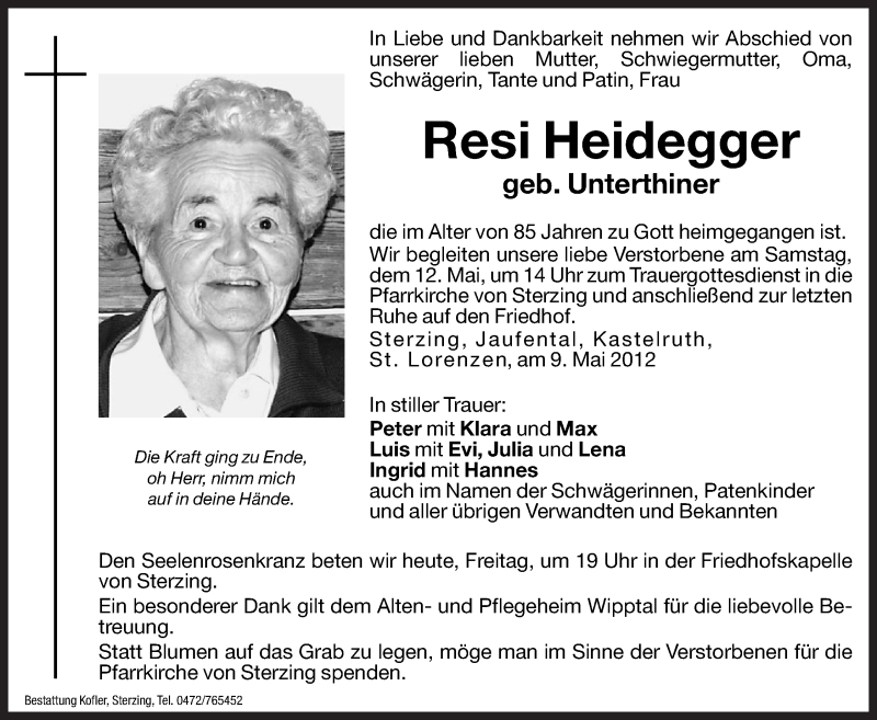  Traueranzeige für Resi Heidegger vom 11.05.2012 aus Dolomiten