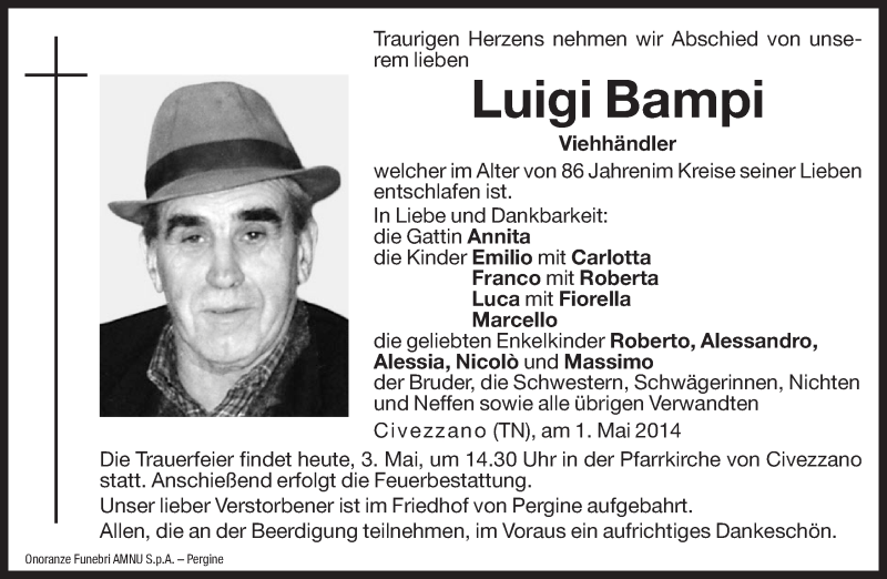  Traueranzeige für Luigi Bampi vom 03.05.2014 aus Dolomiten