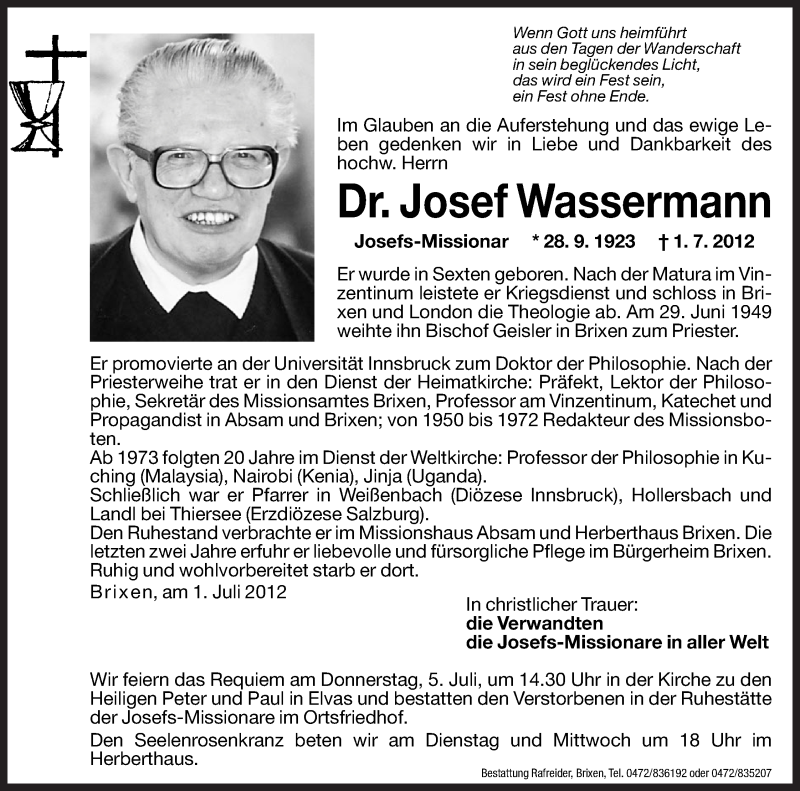  Traueranzeige für Josef Wassermann vom 03.07.2012 aus Dolomiten