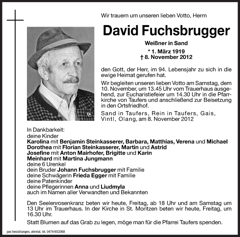  Traueranzeige für David Fuchsbrugger vom 09.11.2012 aus Dolomiten