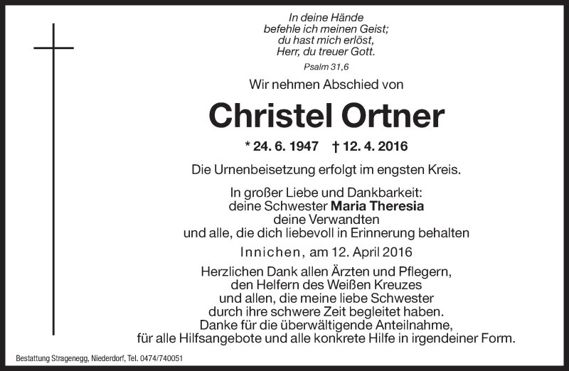  Traueranzeige für Christel Ortner vom 13.04.2016 aus Dolomiten