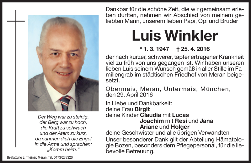  Traueranzeige für Luis Winkler vom 29.04.2016 aus Dolomiten